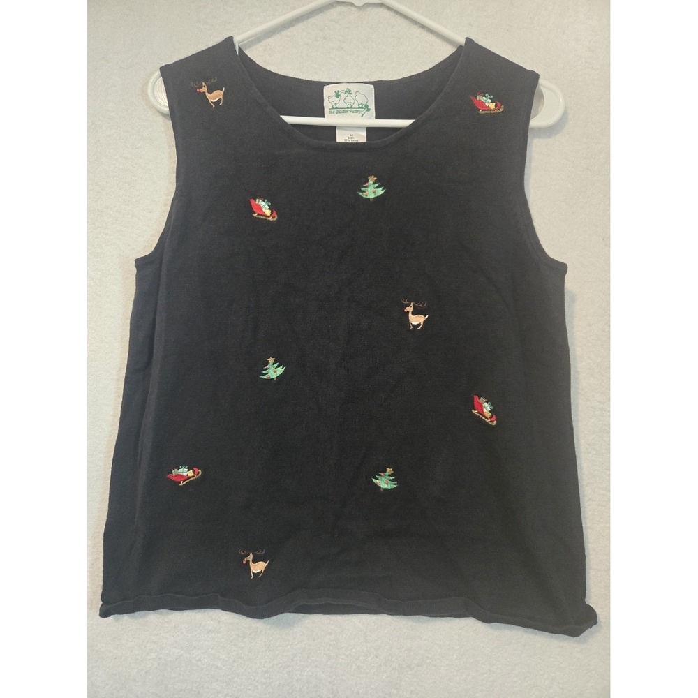 Quacker Factory Womens Black Tank Top M Holiday Embroidered Ramie Cotton Blend